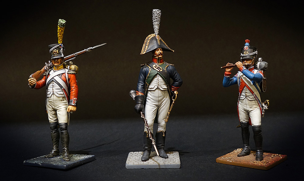 Soldat de plomb - Figurine de collection- boutique au plat d'étain - Paris - Voltigeur du 3ème régiment suisse, Tambour major du 4ème régiment d'infanterie de ligne et Fifre du 3ème régiment 1807