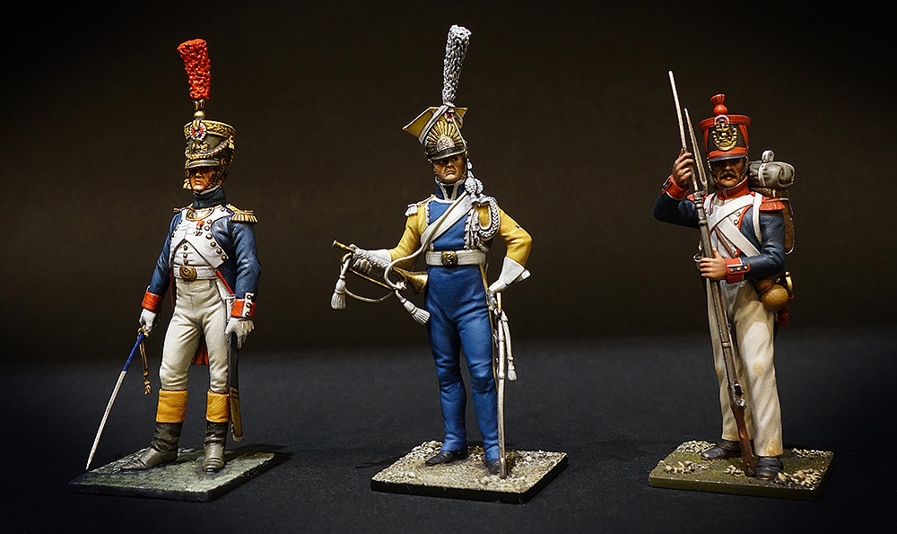 Soldat de plomb - Figurine de collection- boutique au plat d'étain - Paris - Officier de la jeune garde 1809, Trompette du la légion de la vistule et Grenadier d'infanterie de ligne 1812
