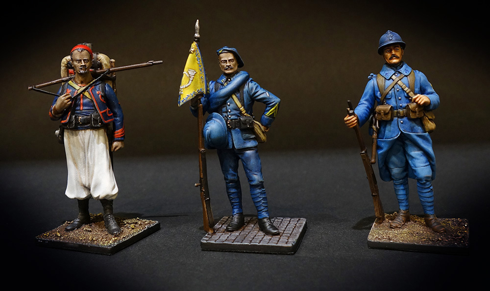 Soldat de plomb - Figurine de collection- boutique au plat d'étain - Paris - Zouave 1914 (France), Caporal de chasseurs alpins 1915 (France) et Infanterie de ligne 1915 (France)